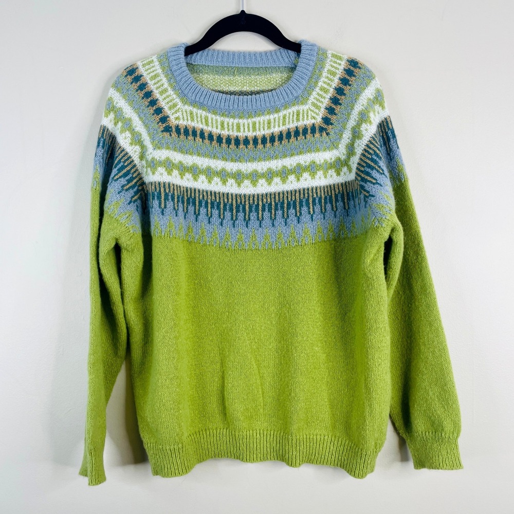 Womens Cabincore Fair Isle Sweater Large Green Cottagecore Cozy Comfy Pullover